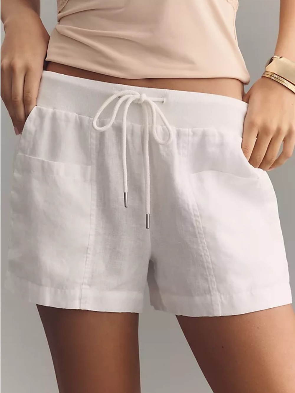 Athleta Cabo Linen 4” Shorts White 6 Drawstring Coastal Resort Pockets Beach
